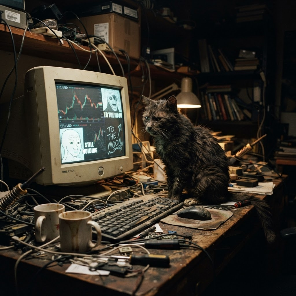 The same dirty black cat sitting in front of an old computer showing memes and charts