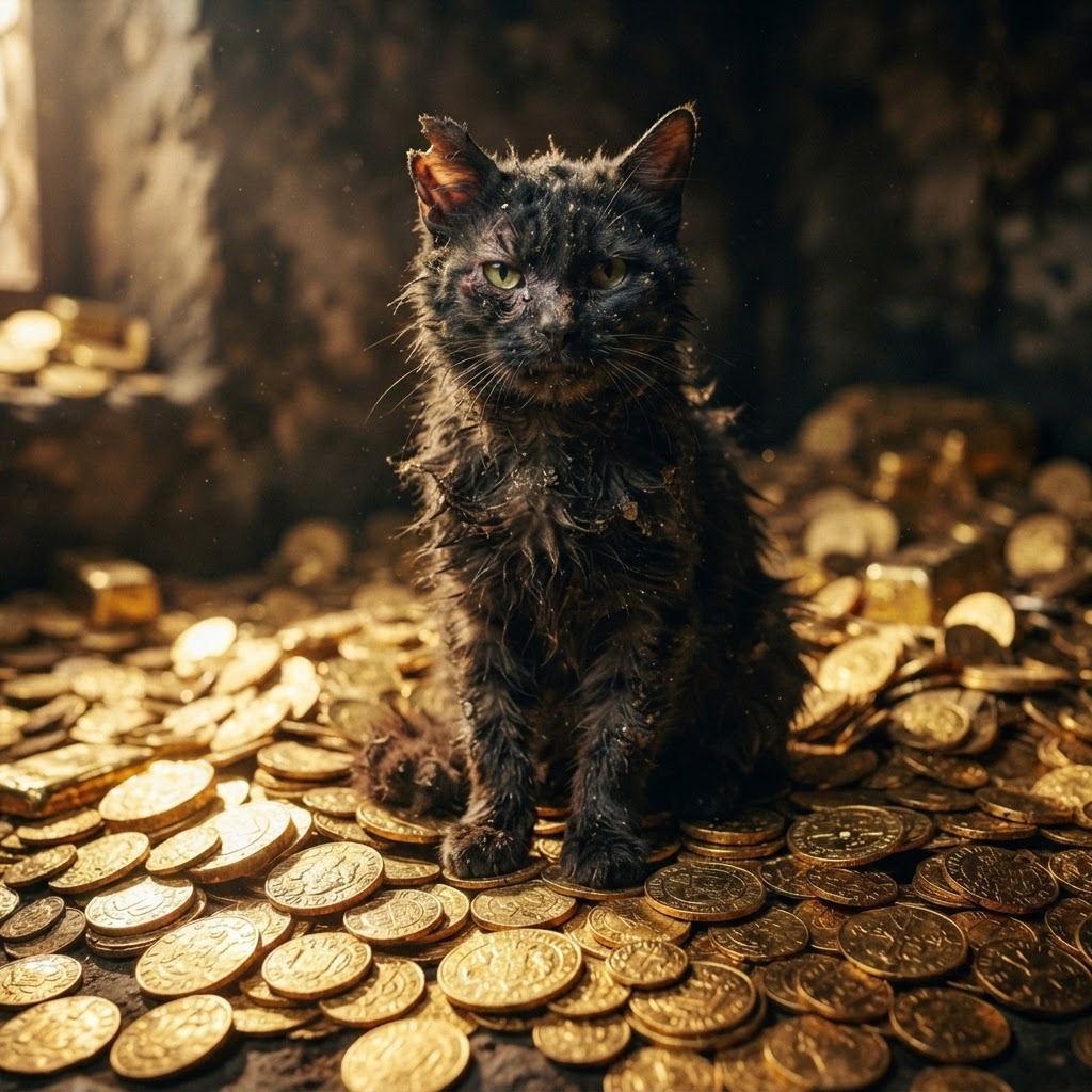 The same dirty black cat sitting like a king among gold Blackcatecoin coins