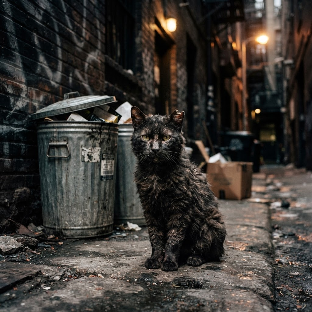 A dirty black cat sitting confidently by trash cans in a dark alley