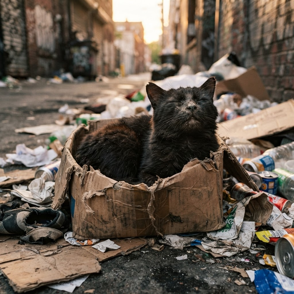 The same dirty black cat sleeping in a cardboard box like a throne